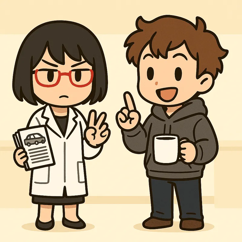 シキが書類を持ったまま指を2本立てて示し、クラが人差し指を1本立てて笑っている