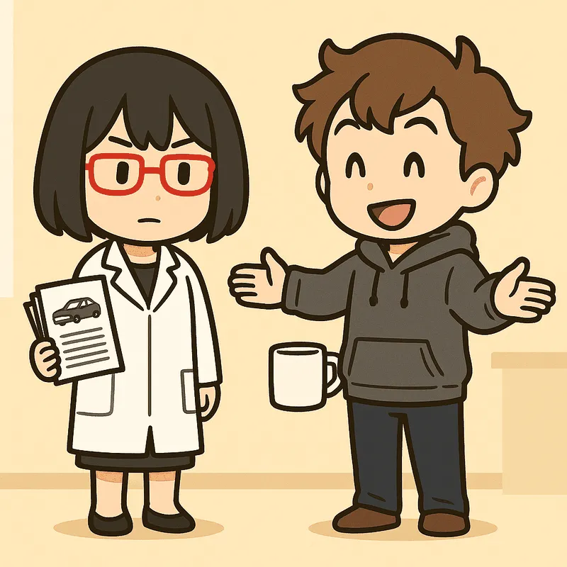 シキが書類の束を持って立ち、クラが両手を左右に広げて笑顔で話している
