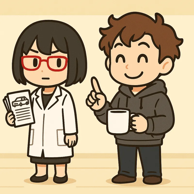シキが書類を持って立ち、クラが人差し指を1本立てて笑っている
