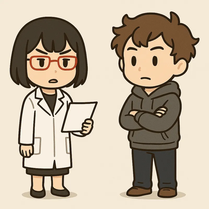 シキが白紙の紙を1枚持って真顔で話し、クラが腕を組んで聞いている