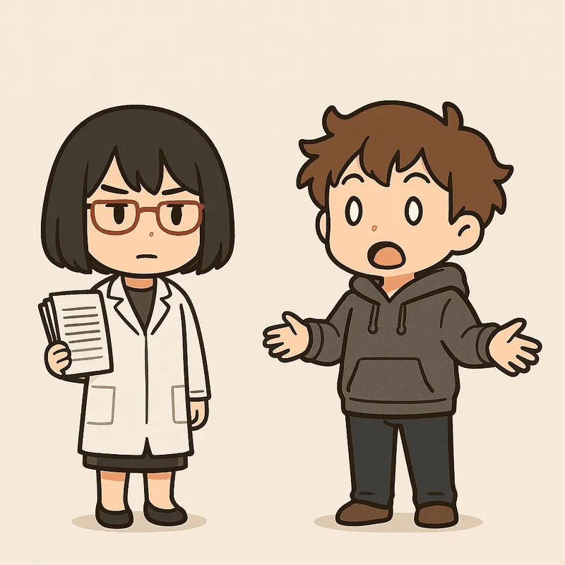 クラが目を見開いて両手を広げて驚き、シキが書類の束を持って静かに立っている