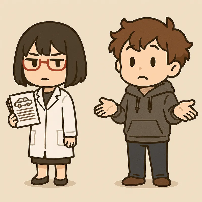 クラが両手のひらを上に向けて首をかしげ、シキが書類の束を持って隣に立っている