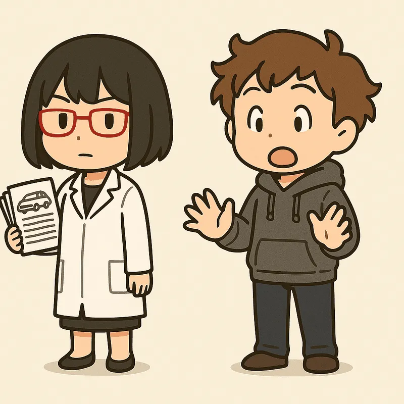 クラが目を丸くして両手を前に出して驚き、シキが書類の束を持って隣に立っている