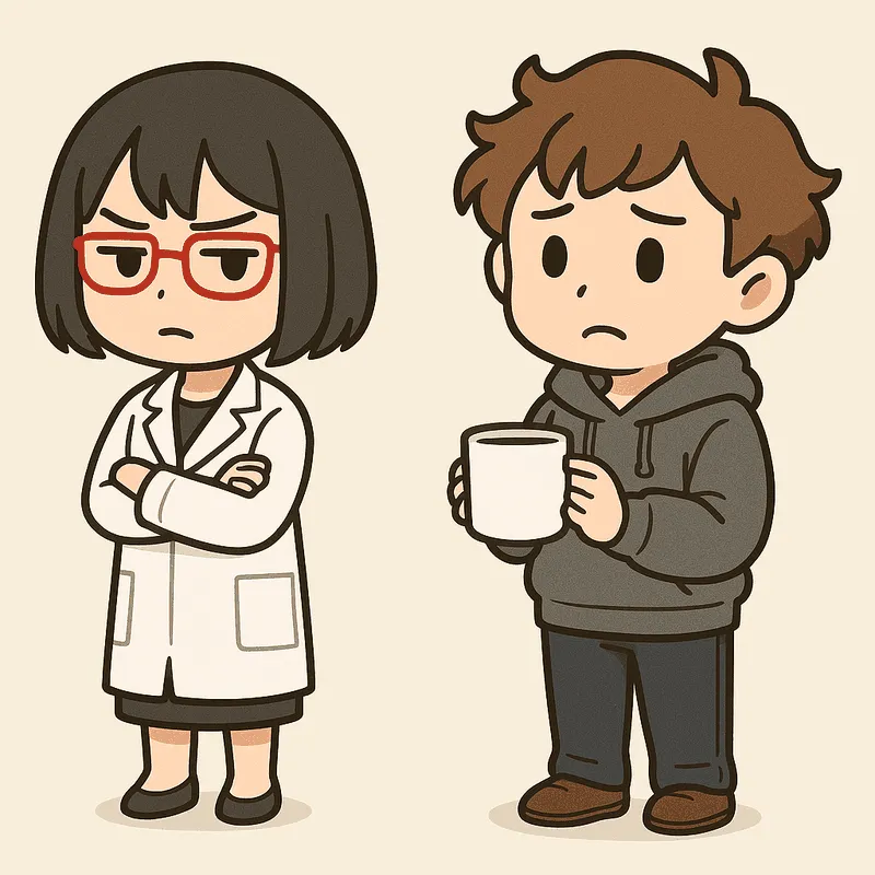 クラがマグカップを両手で持って考える顔をして、シキが腕を組んで隣に立っている