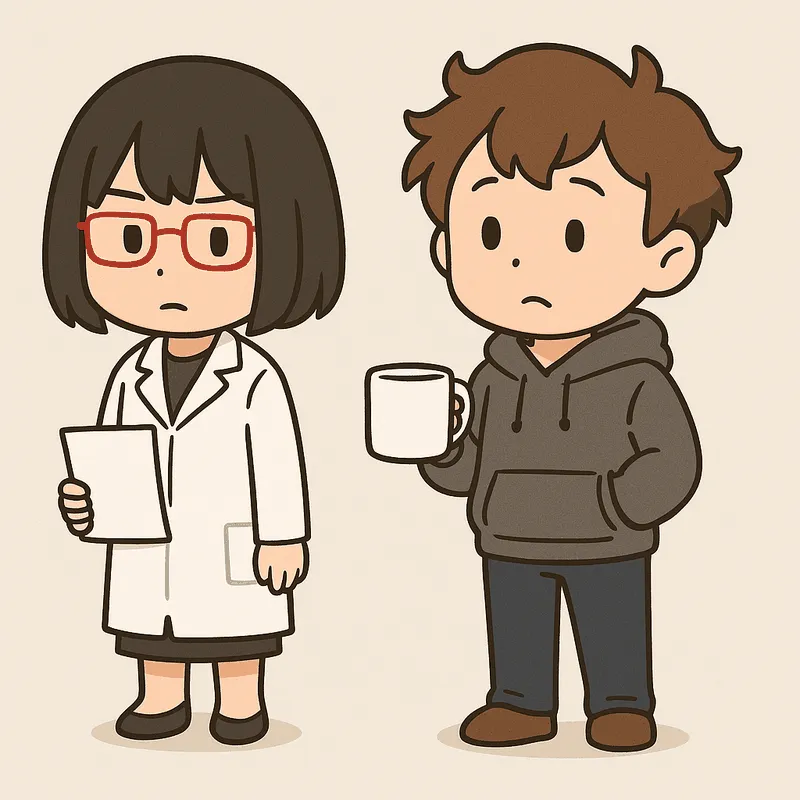 クラがマグカップを持って首をかしげ、シキが白紙の紙を1枚持って隣に立っている