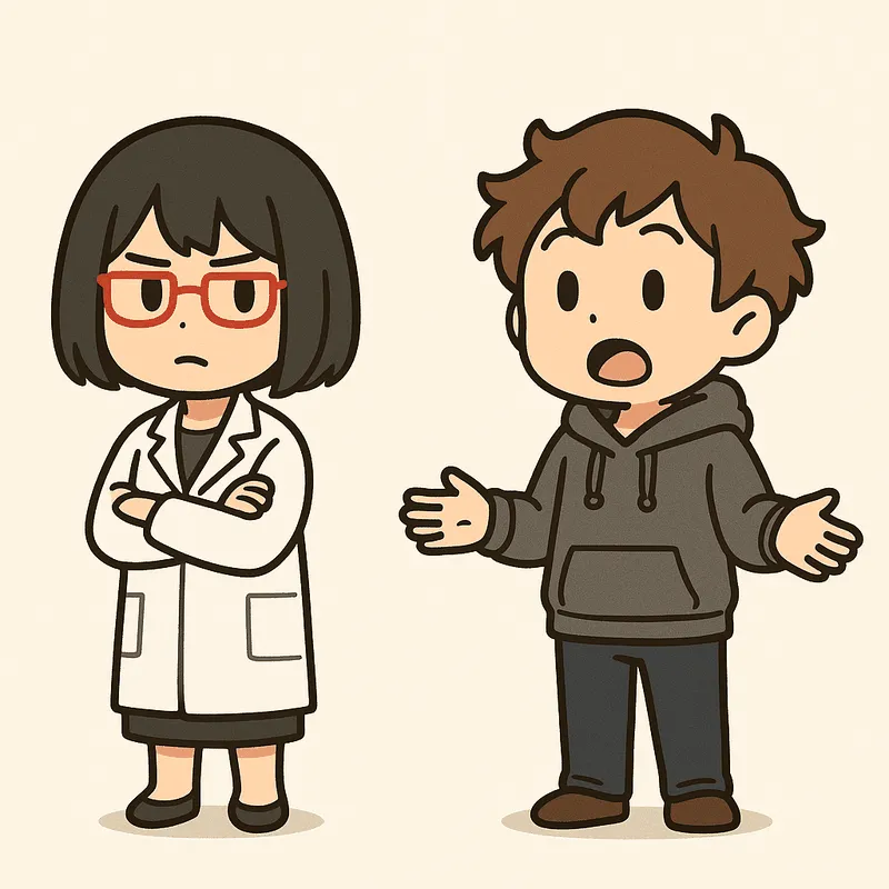 クラが口を開けて驚いた顔で両手を広げ、シキが腕を組んで正面を向いている