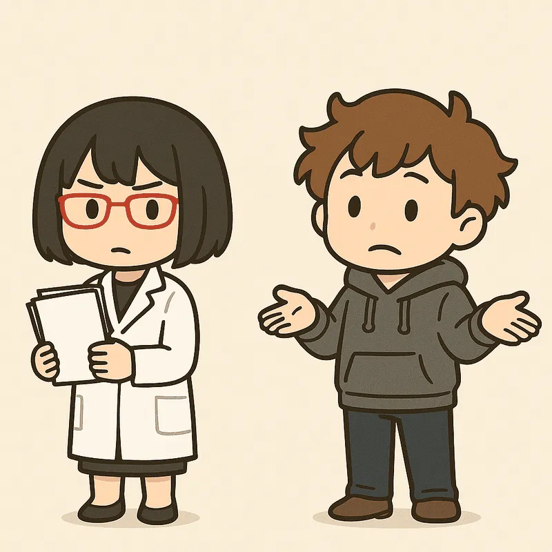 クラが困り顔で両手のひらを上に向けて肩をすくめ、シキが白紙の束を持って隣に立っている