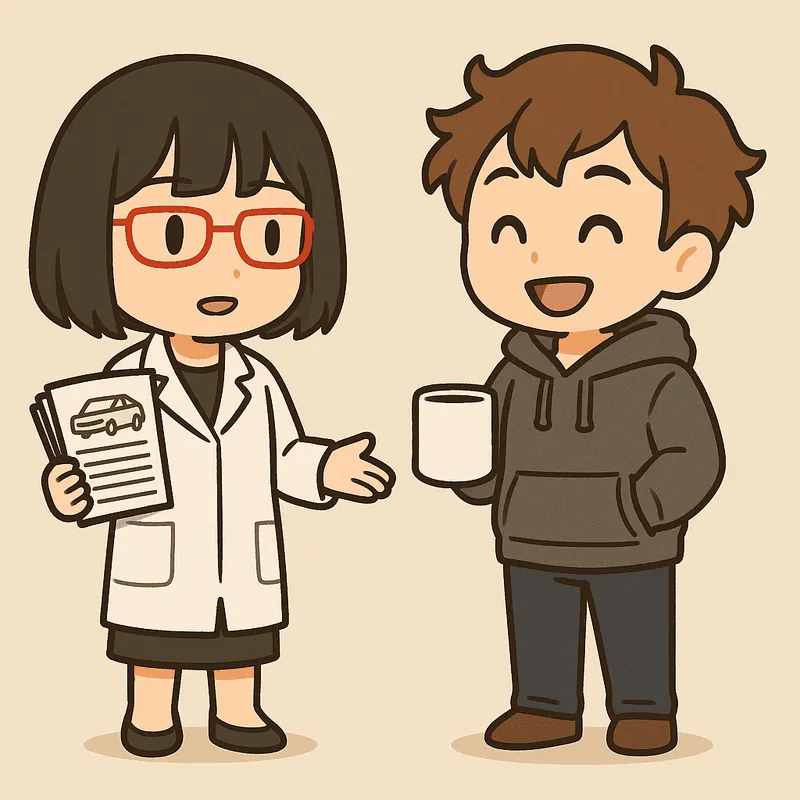 シキが書類を持ったまま片手を前に出して話し、クラがマグカップを持って笑っている