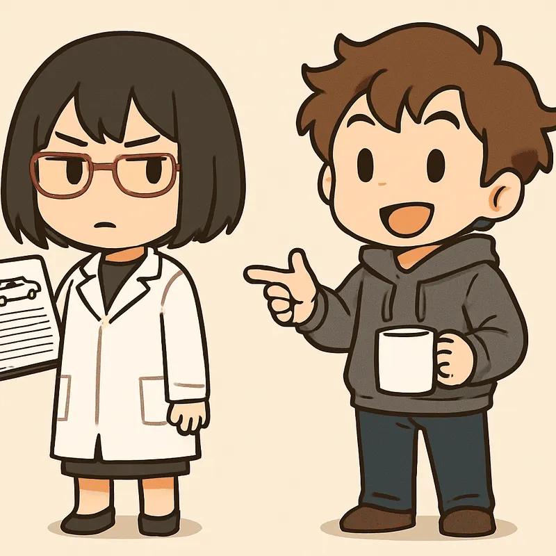 クラがマグカップを片手に持ち、もう片方の手で後ろを指している。シキは書類の束を持って隣に立っている