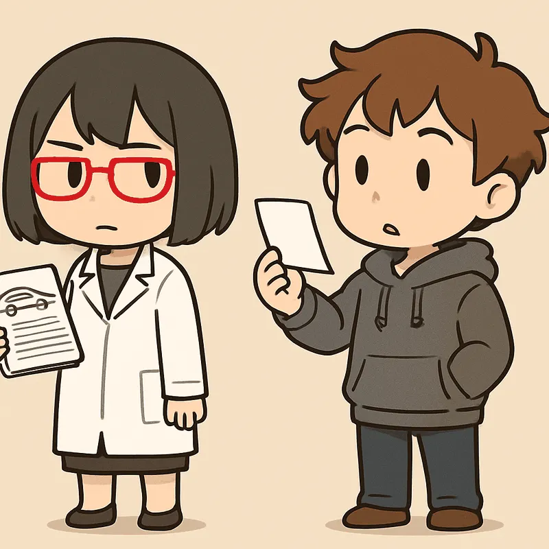 クラが白い紙を1枚つまんで持ち上げて眺め、シキが書類の束を持って隣に立っている