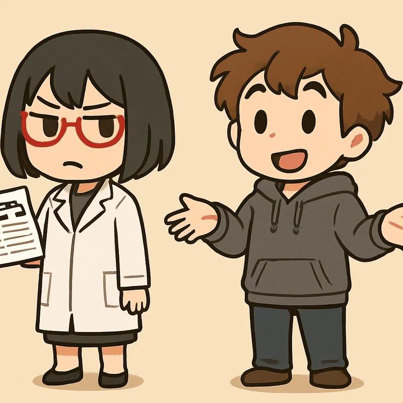 クラが両手を広げて質問するしぐさをし、シキが書類の束を持って隣に立っている