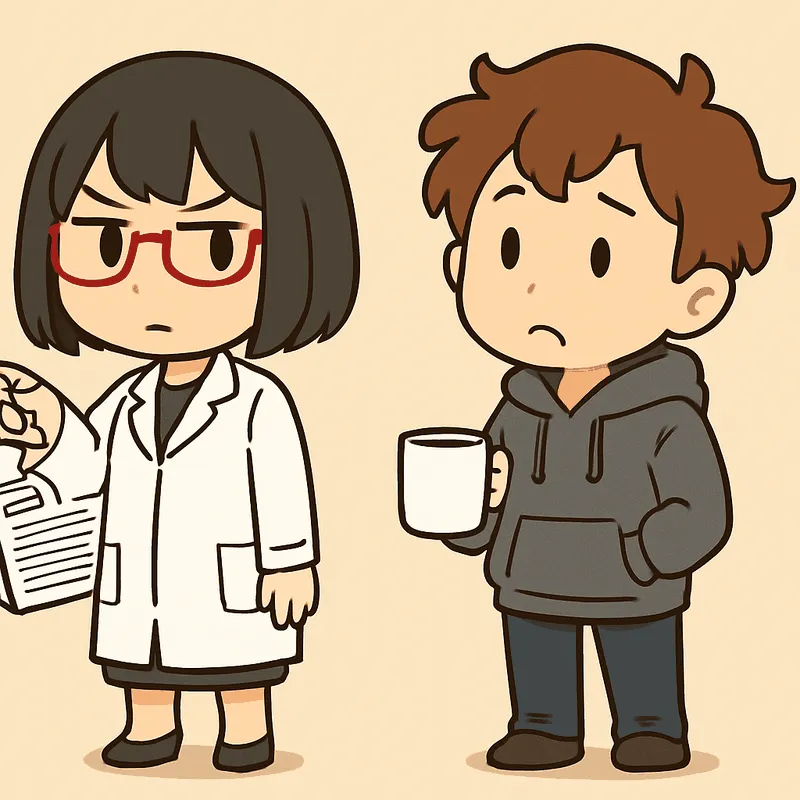 シキが書類を胸の前に構えて一点を指し示し、クラがマグカップを持って首をかしげている