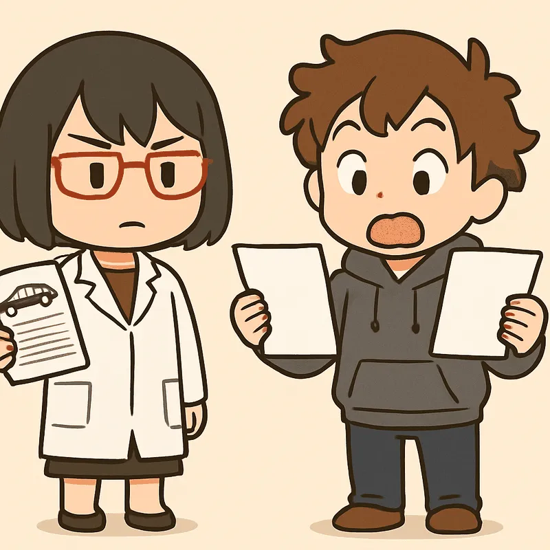 クラが左右の手に紙を1枚ずつ持って見比べ、驚いた顔をしている。シキは書類の束を持って隣に立っている