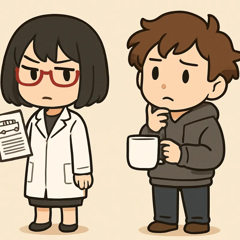 クラがマグカップを持って首をかしげ、考えこんでいる。シキは書類の束を持って隣に立っている