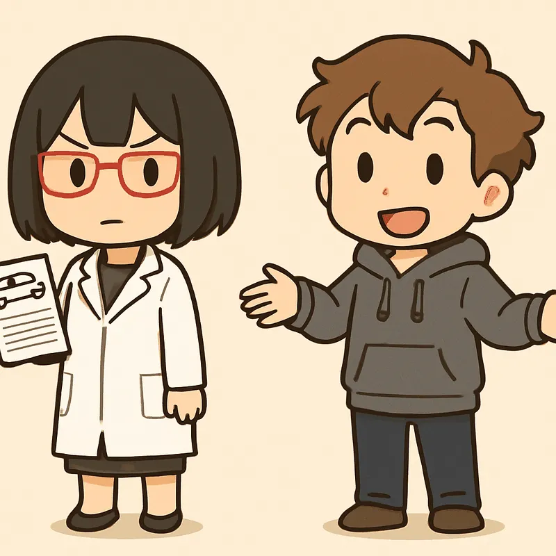 クラが両手を広げて質問するしぐさをし、シキが書類の束を持って隣に立っている