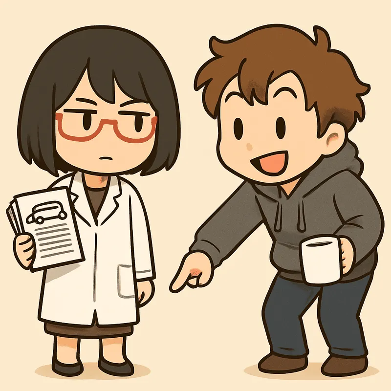 クラが腰をかがめて低い位置を指さし、シキが書類の束を抱えて隣に立ち、同じ方向へ視線を向けている