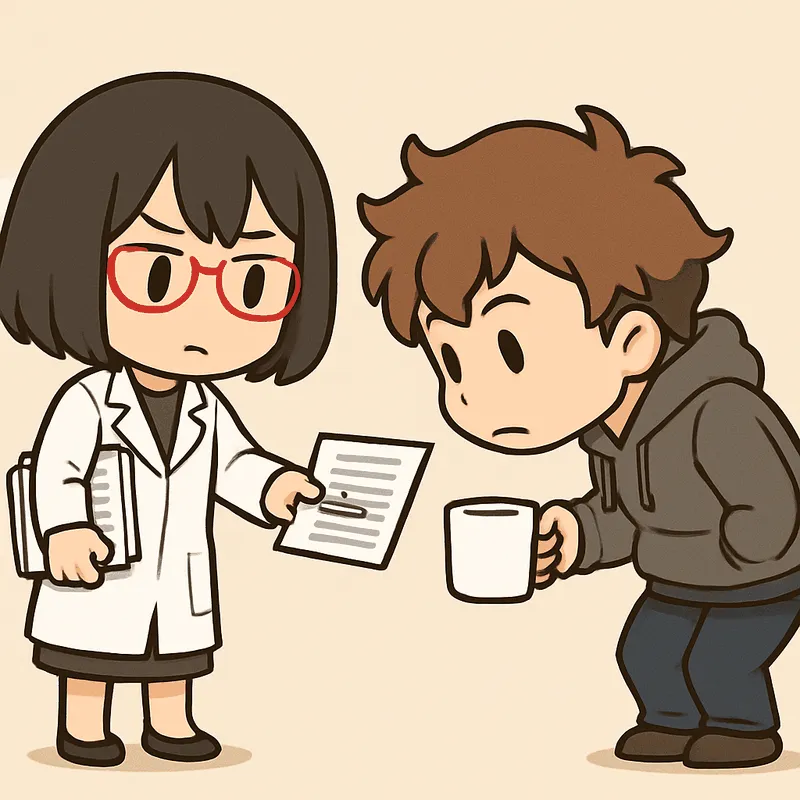 シキが書類の束から一枚を抜き出して差し出し、クラがマグカップを持ったまま身をかがめてのぞき込んでいる