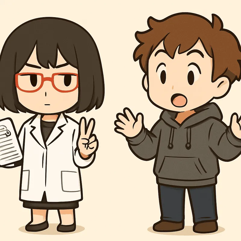 クラが目を丸くして両手を上げて驚き、シキが右手の指を二本立てて落ち着いた表情で立っている