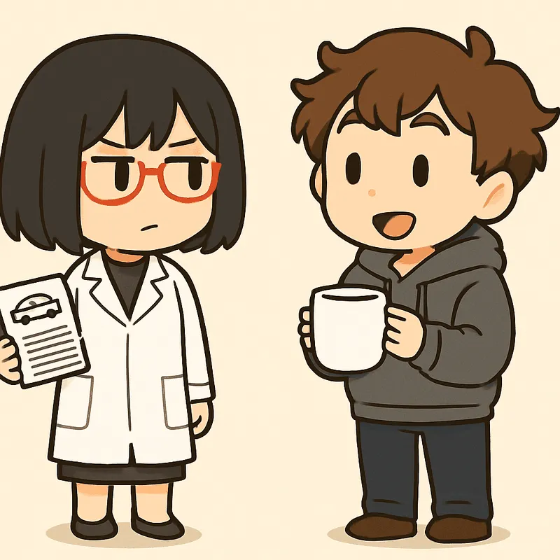 クラがマグカップを持って首をかしげ、シキが書類の束を抱えて隣に立っている