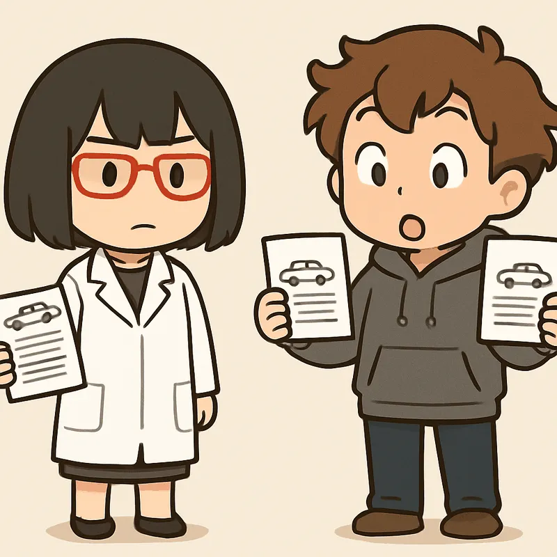 クラが左右の手に紙を1枚ずつ持って見比べ、目を丸くしている。シキは書類を持って隣に立っている