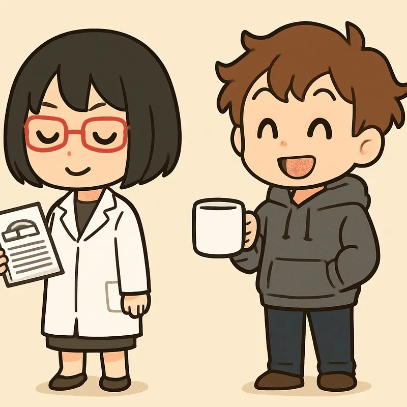 クラがマグカップを持って笑い、シキが書類を抱えてうなずいている