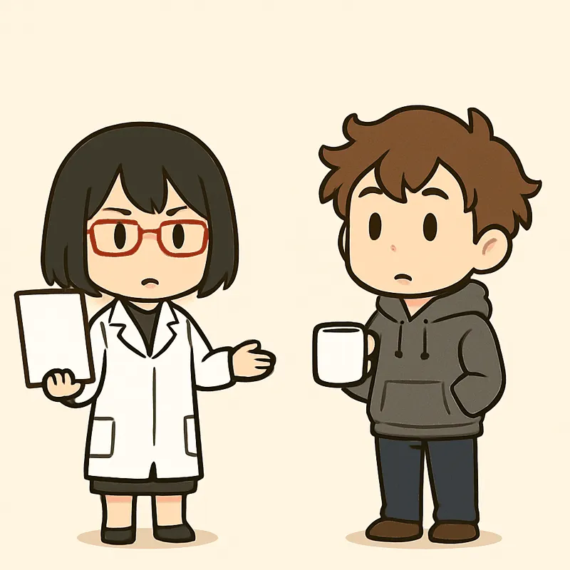 シキが書類を胸の高さに掲げ、もう片方の手のひらを上に向けて説明し、クラが目を見開いて聞いている