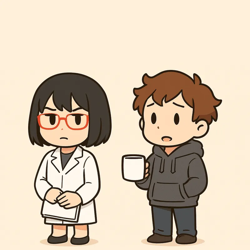 クラが白いマグカップを片手に持ち、もう片方の手をポケットに入れて、眉を下げて心配そうに問いかけている。シキは白紙の書類の束を両手で体の前に持ち、眉を寄せた真顔で聞いている