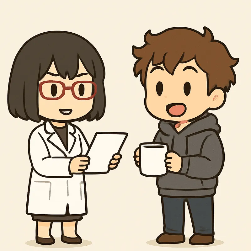 シキが白紙を1枚、胸の前で持ってクラに見せながら、口元をゆるめて話している。クラはマグカップを両手で持ち、口を開けて身を乗り出している