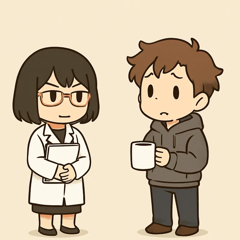 クラがマグカップを持ち、眉を下げて心配そうにシキを見ている。シキは白紙の書類の束を両手で胸の前に抱え、落ち着いた顔で答えている