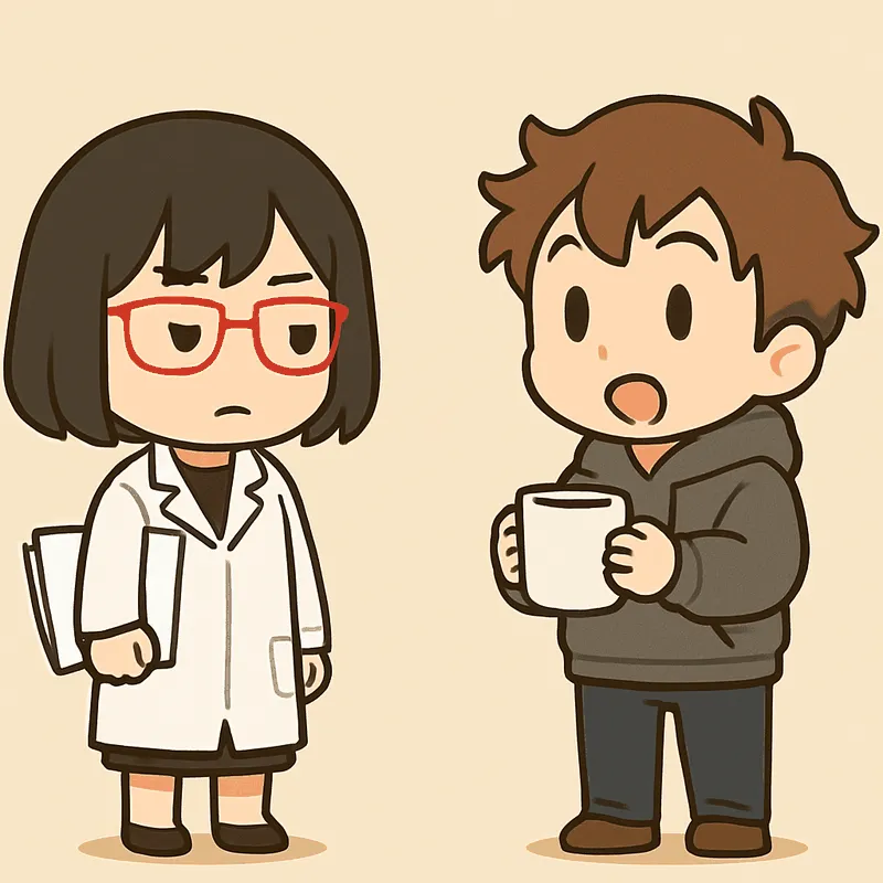 クラがマグカップを両手で持ち、口を開けて目を丸くしている。シキは白紙の書類の束を片手で脇に抱え、眉を寄せて答えている