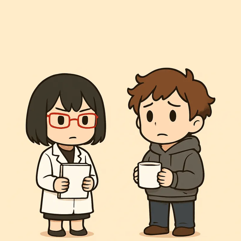 クラが白いマグカップを両手で持ち、眉を下げて不安そうな顔でシキに問いかけている。シキは白紙の書類の束を両手で胸の前に持ち、眉を寄せた真顔で答えている