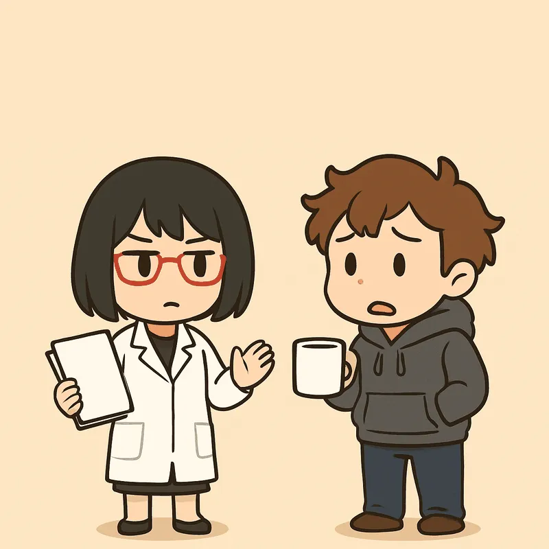 画面左のシキが白紙の束を片手に持ち、もう片方の手のひらを軽く上げて、真顔で答えている。画面右のクラは白いマグカップを片手に持ち、眉を下げた心配そうな顔で問いかけている