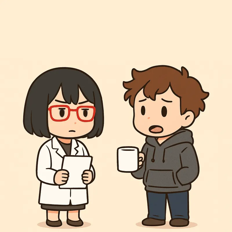 左のシキが白紙を両手で胸の前に持ち、眉を寄せた真顔でクラを見ている。右のクラは白いマグカップを片手に持ち、もう片方の手をパーカーのポケットに入れて、眉を下げて口を開け、困った顔で話しかけている