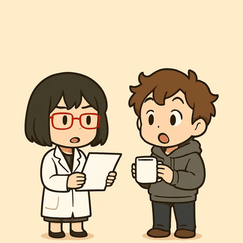 左のシキが白紙を1枚両手で持ち、口を開けてクラに説明している。右のクラは白いマグカップを両手で持ち、目を丸くして口を開けている