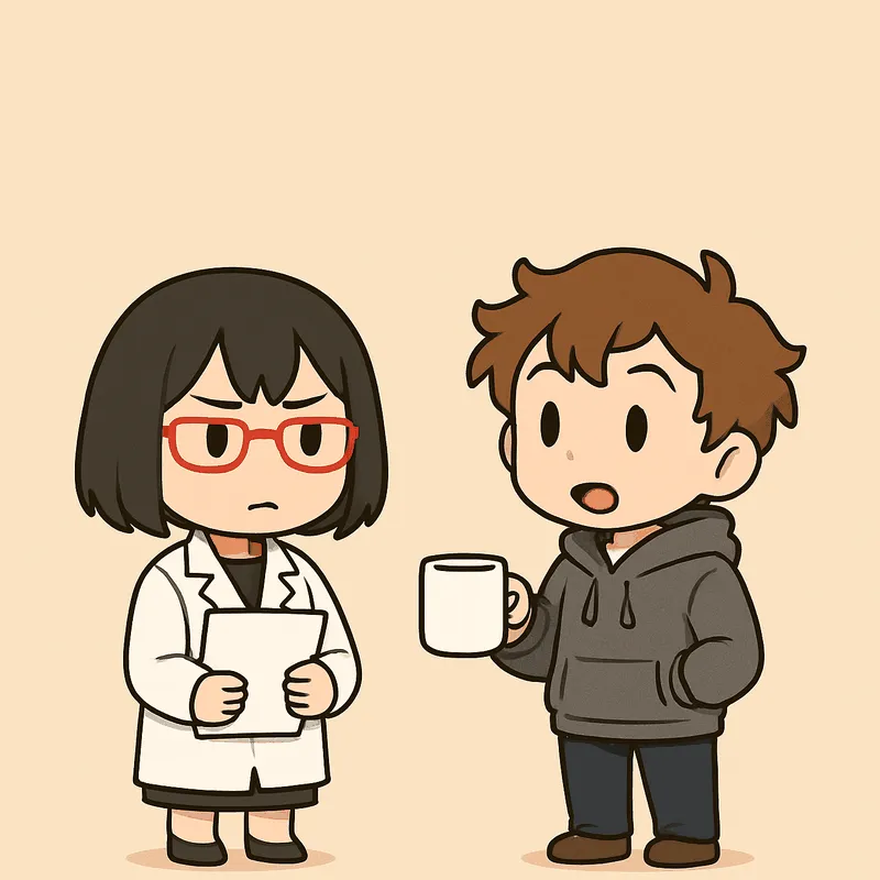 左のシキが白紙の書類を両手で胸の前に持ち、眉を寄せてクラのほうを見ている。右のクラは白いマグカップを片手に持ち、もう片方の手をパーカーのポケットに入れて、口を開けてシキに問いかけている