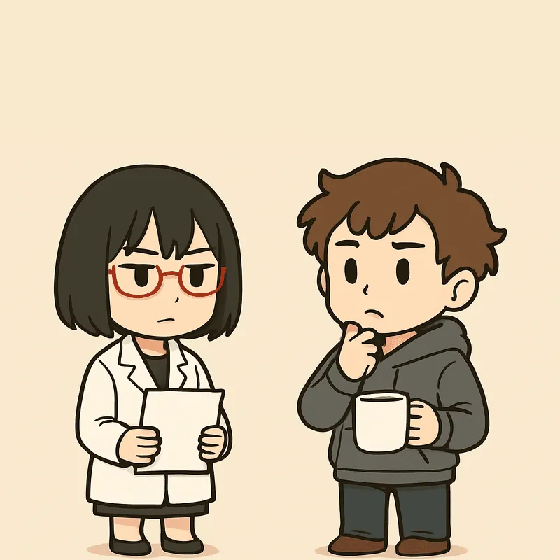 クラが片手を顎に当てて考え込み、もう片方の手で白いマグカップを持っている。シキは白紙の書類を両手で胸の前に持ち、真顔でクラを見て答えている