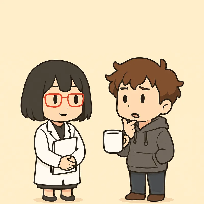 クラが白いマグカップを持ち、指をあごに当て、眉を下げて迷った顔で話している。シキは白紙の書類を胸に抱え、穏やかに微笑んで聞いている