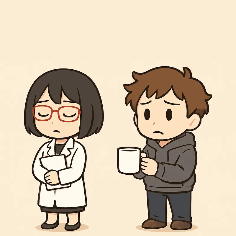 シキが白紙を片腕で胸に抱え、眉を下げて目を閉じている。クラは白いマグカップを片手に持ち、眉を下げて困ったような表情でシキのほうを見ている