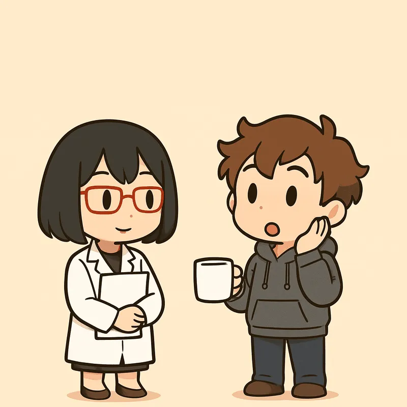 右のクラが白いマグカップを片手に持ち、もう片方の手を頬に当てて、口を開けてシキに相談している。左のシキは白紙を胸に抱え、穏やかな表情でクラのほうを向いて聞いている