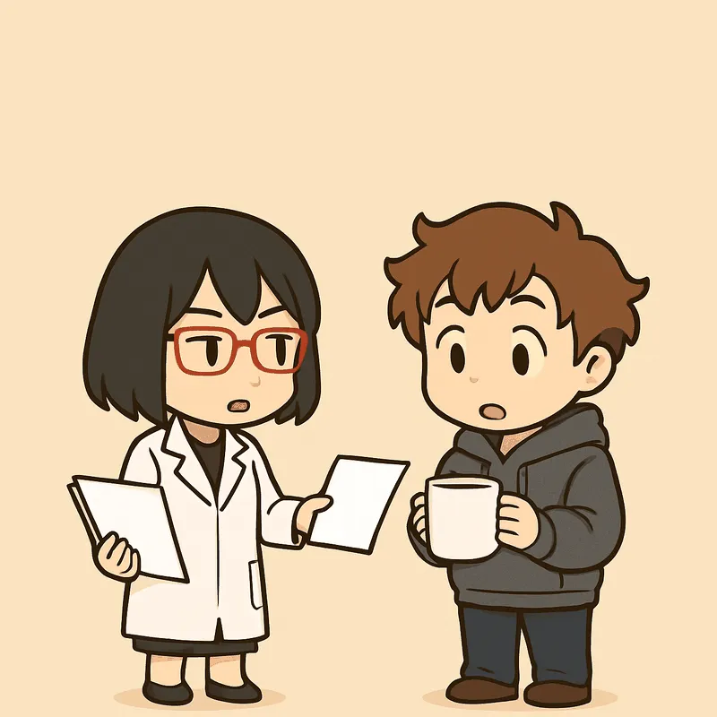 左のシキが片手に白紙の束を持ち、もう片方の手で白紙を1枚クラのほうへ差し出しながら話している。右のクラはマグカップを両手で持ち、目を丸くしてその紙を見ている