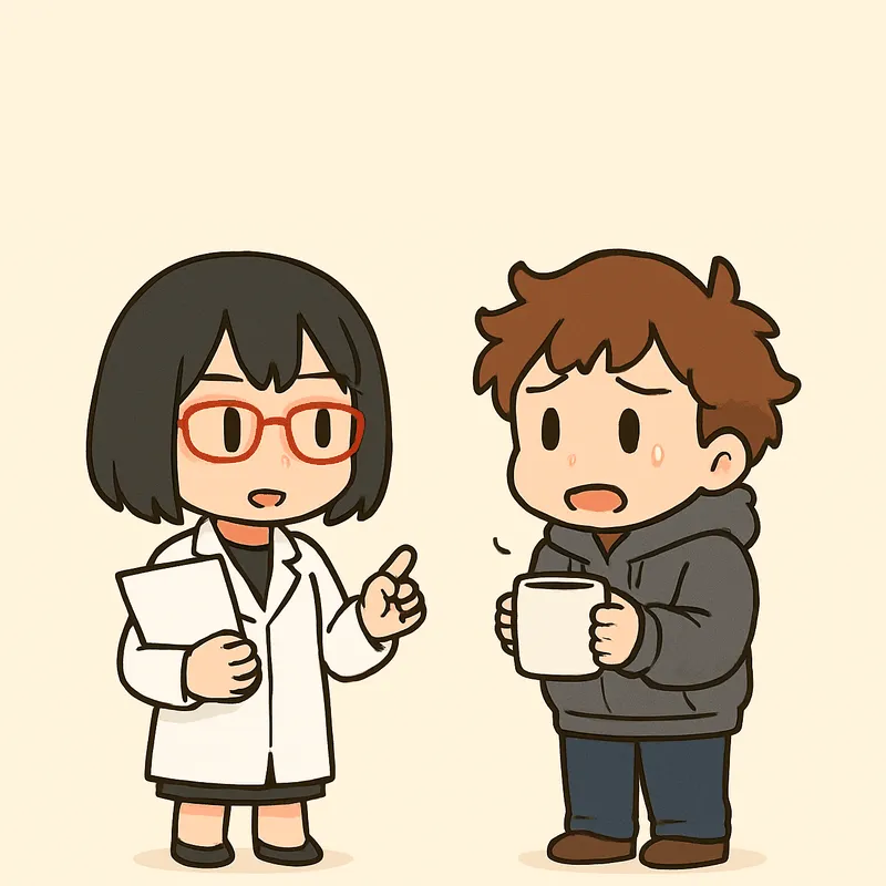 右のクラがマグカップを両手で包むように持ち、眉を下げて汗をかきながら、口を開けて質問している。左のシキは白紙を片手に持ち、もう片方の手の人差し指を立てて答えている