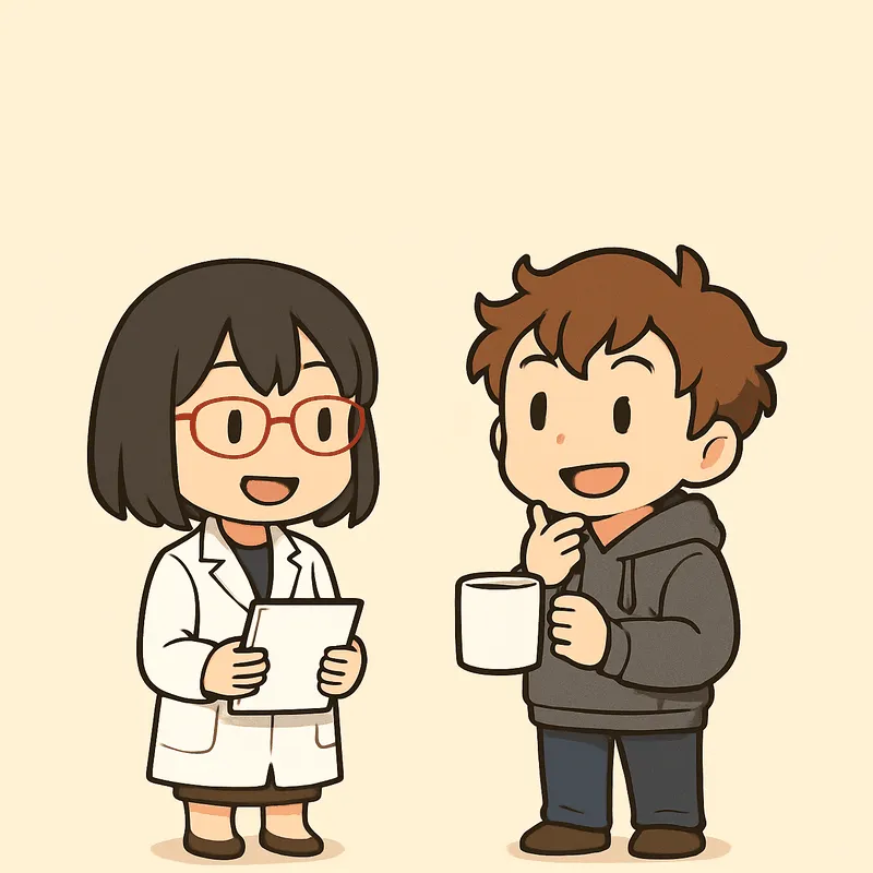 左のシキが白紙を両手で持ち、口を開けて笑いながら話している。右のクラはマグカップを片手に持ち、もう片方の手をあごに当てて、にっこり笑って考えている