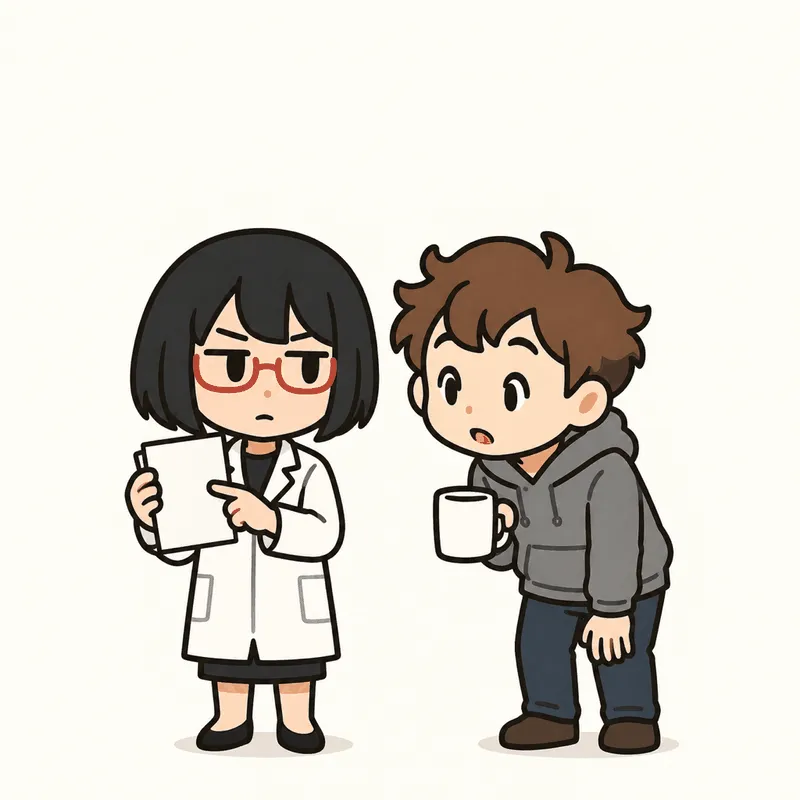 左のシキが白紙の紙を片手に持ち、もう片方の人差し指で紙の面を指しながら真顔で説明している。右のクラはマグカップを持ったまま身を乗り出し、目を丸くして聞いている