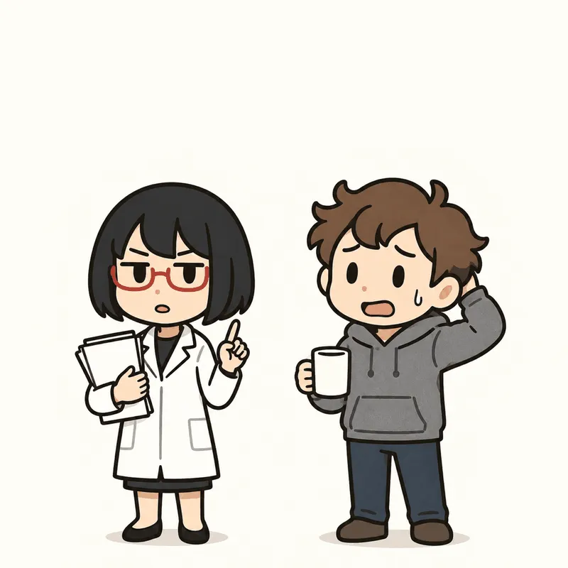 右のクラが片手で後頭部をかき、もう片方の手にマグカップを持って、汗をかきながら困った顔をしている。左のシキは書類の束を片腕に抱え、もう片方の手の人差し指を立てて答えている